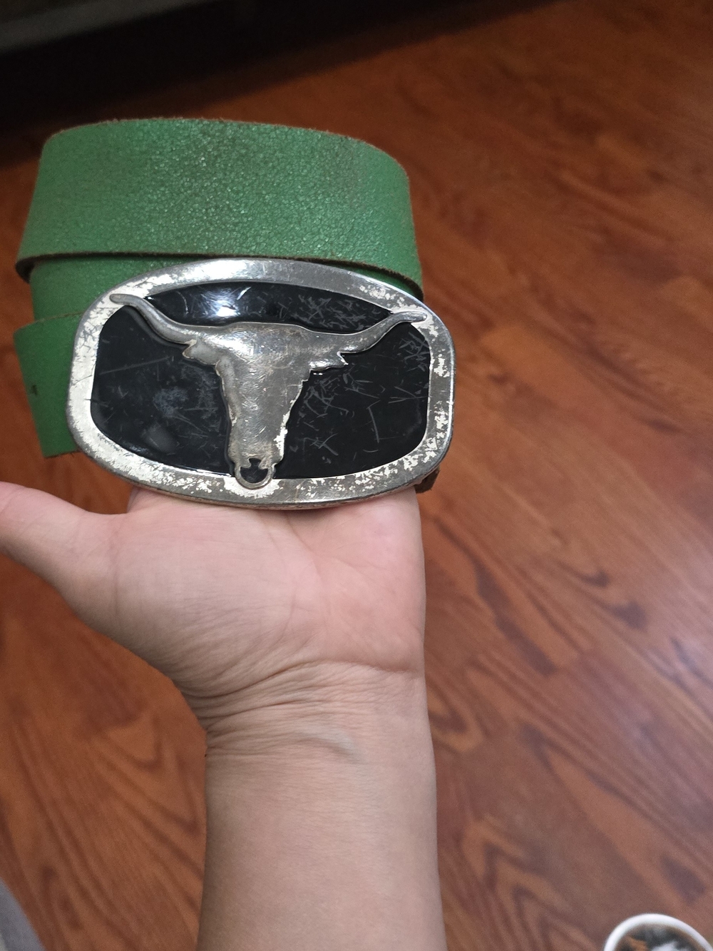 Vintage Western Longhorn Belt Buckle Silver Black + 2 Genuine Leather Straps 32